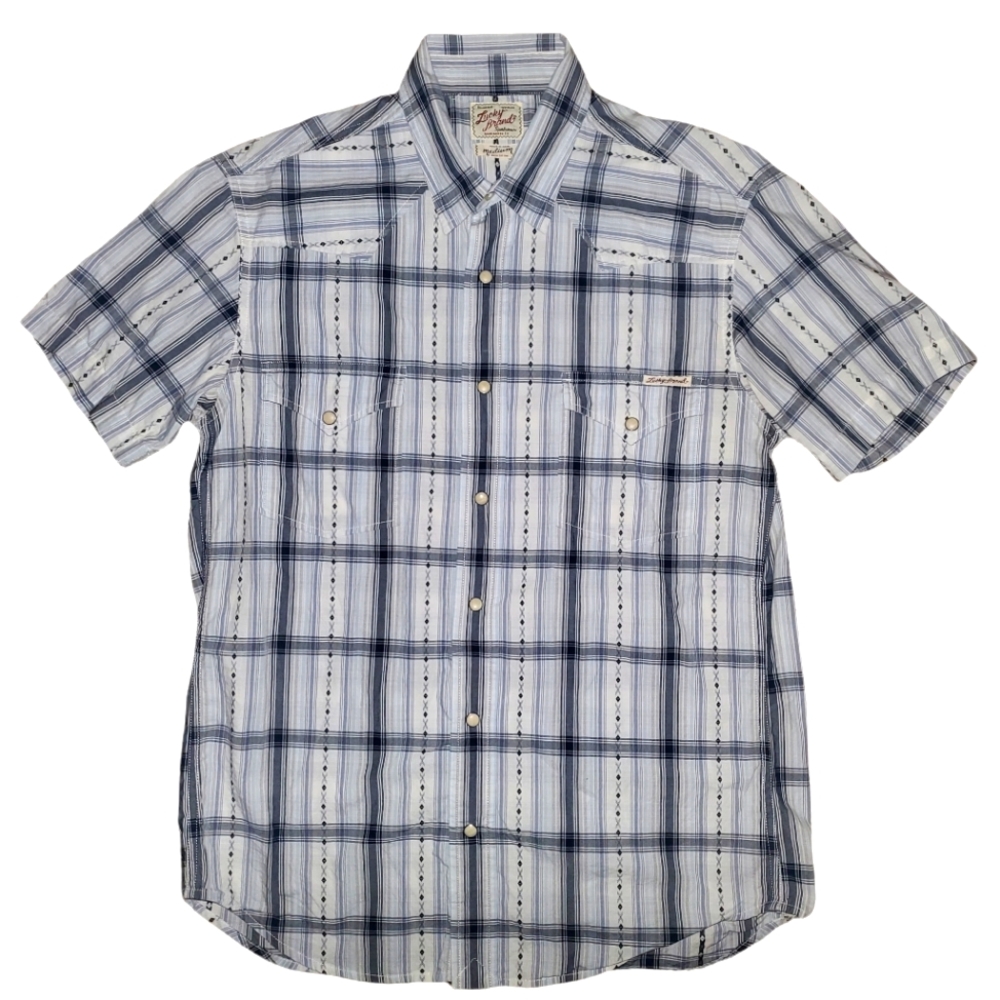 Lucky Brand Men's Short Sleeve Button-Down Plaid Shirt in White and Blue